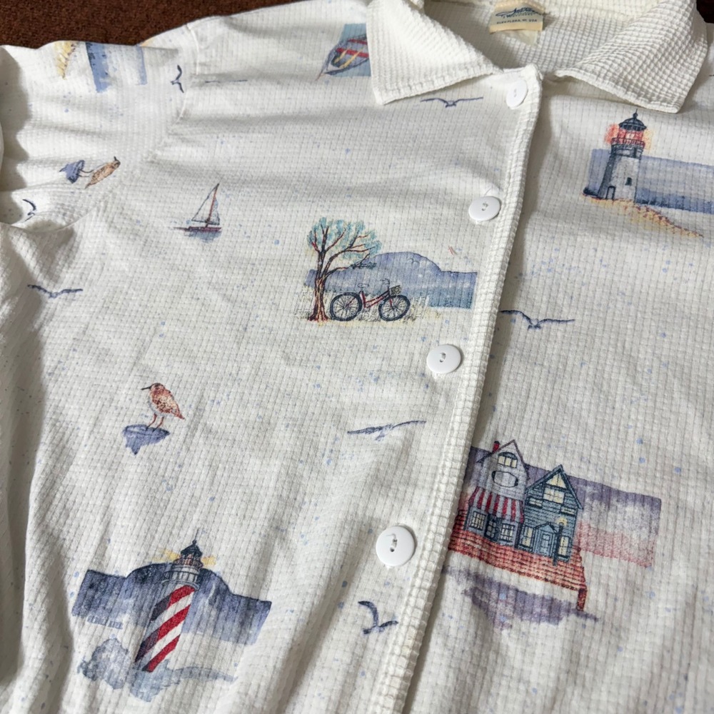 Artisans Nautical Lighthouse Waffle Knit Button Front Shirt Womens White L C+ - Picture 2 of 12